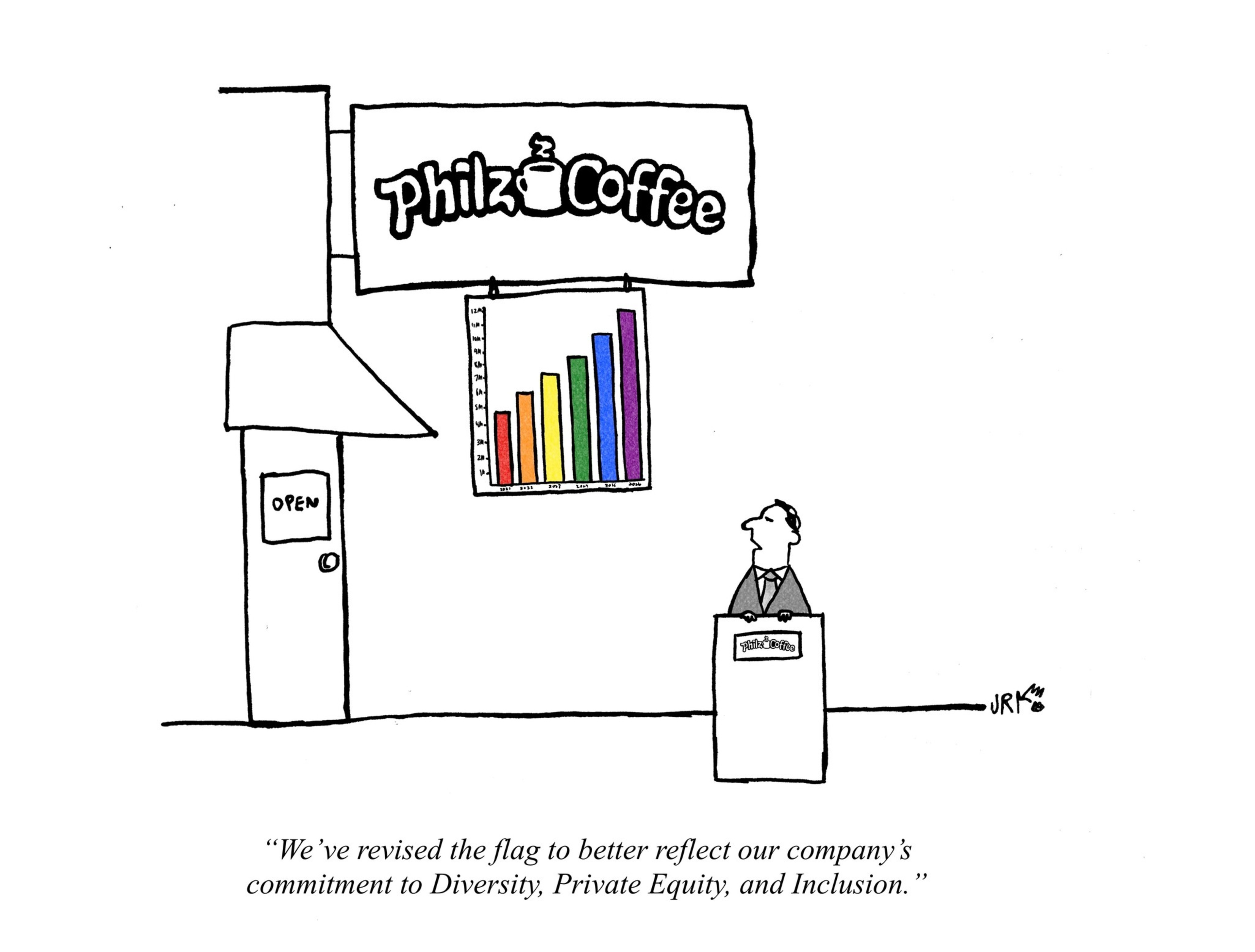 A man at a podium outside Philz Coffee shows a new flag featuring a rainbow bar chart, symbolizing diversity, private equity, and inclusion.