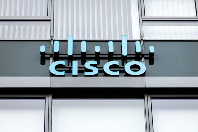 The Cisco Systems, Inc. logo and lettering can be seen on the Cisco Systems GmbH headquarters building in Garching, Germany