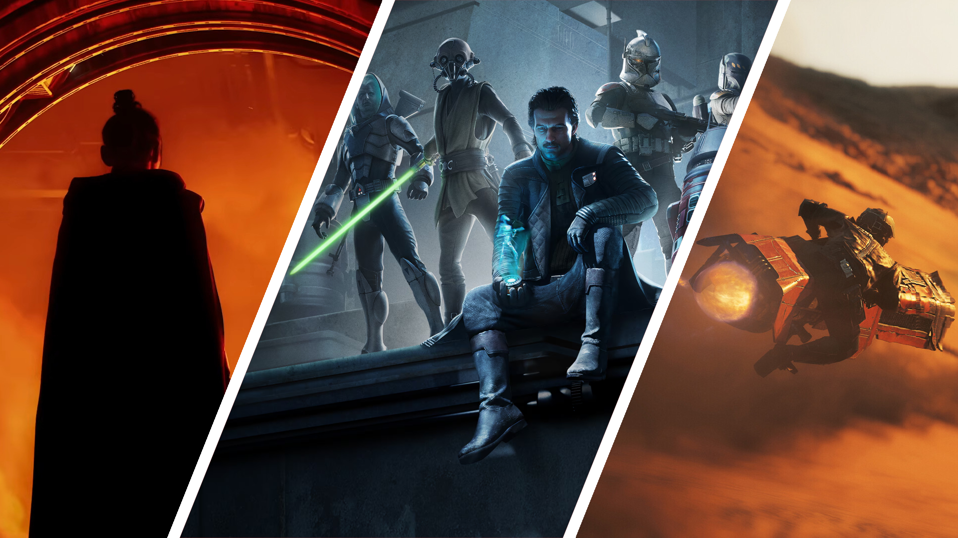 Split image showing three upcoming Star Wars games: Star Wars: Fate of the Old Republic, Star Wars: Zero Company, &amp;amp; Star Wars: Galactic Racer