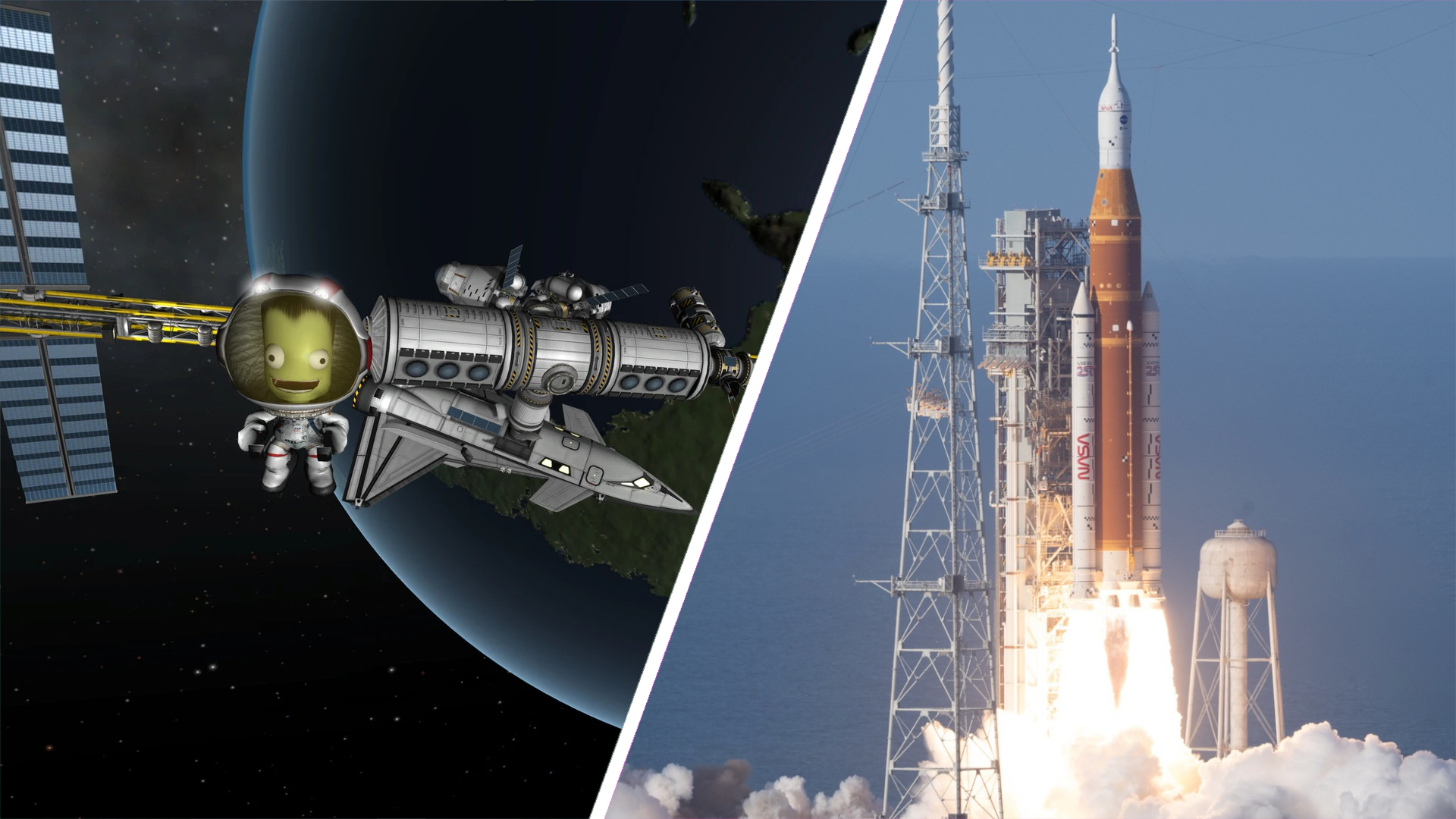 Split image showing a Kerbal floating in orbit near a rocket and space station on the left, and the Artemis 2 rocket launch on the right.