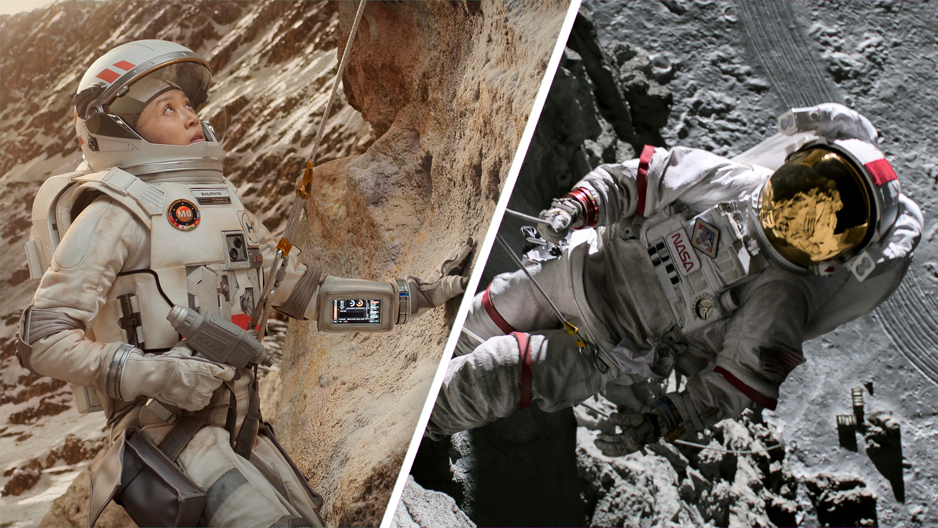 Two astronauts from the show &amp;quot;For All Mankind&amp;quot;. On the left, a futuristic astronaut on Mars, and on the right is an Apollo-era astronaut on the Moon