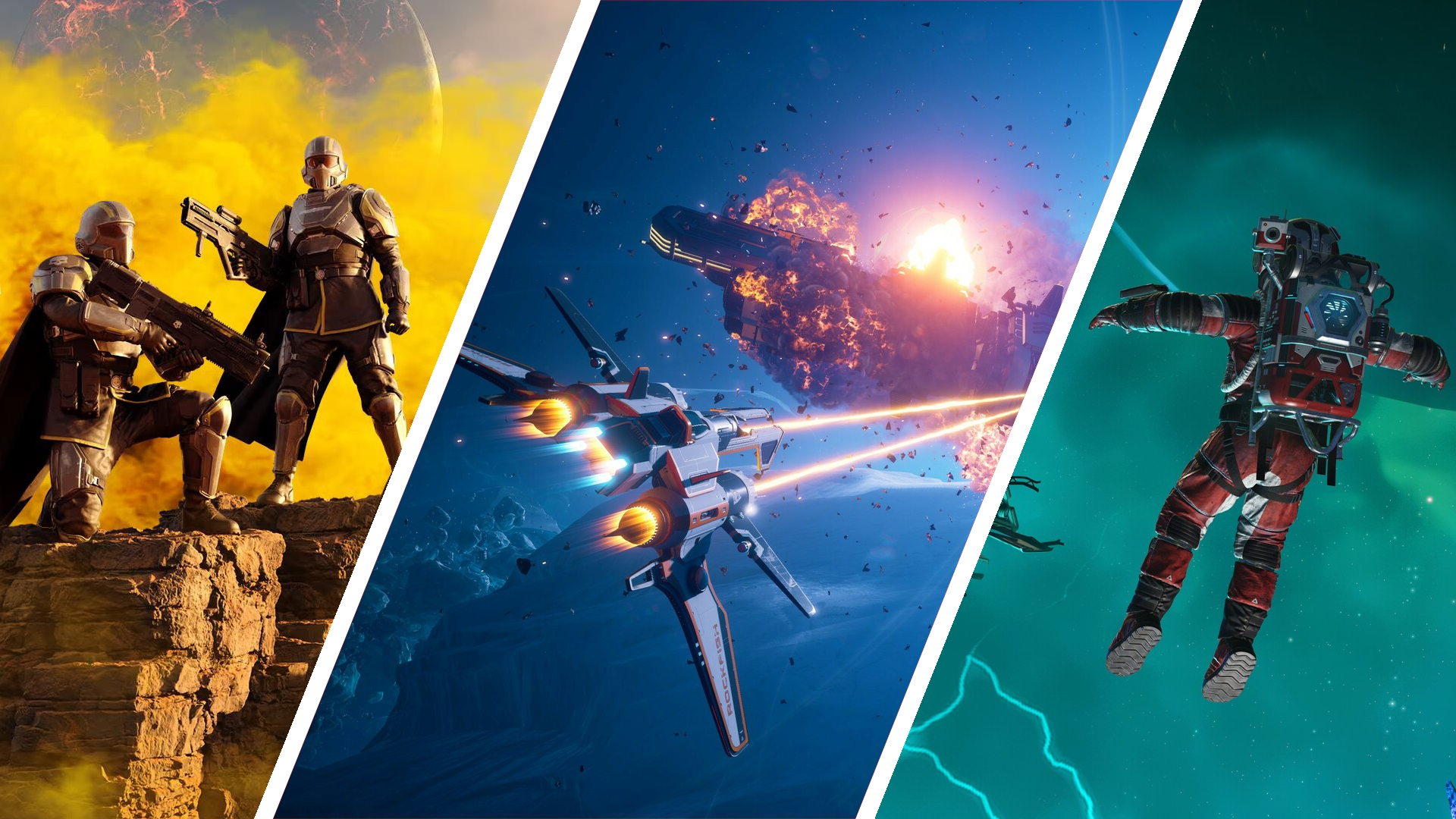 Split image showing screenshots from three space games: Helldivers 2, Everspace 2, and No Man&amp;#039;s Sky