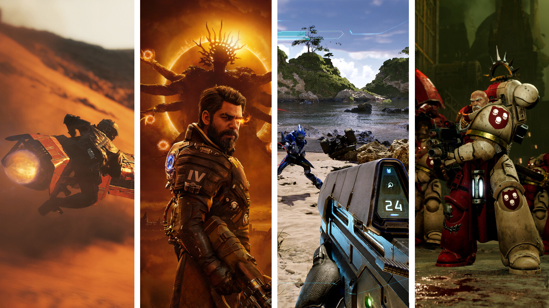 A split image showing screenshots from Star Wars: Galactic Racer, Saros, Halo: Campaign Evolved, &amp;amp; Total War: Warhammer 40,000