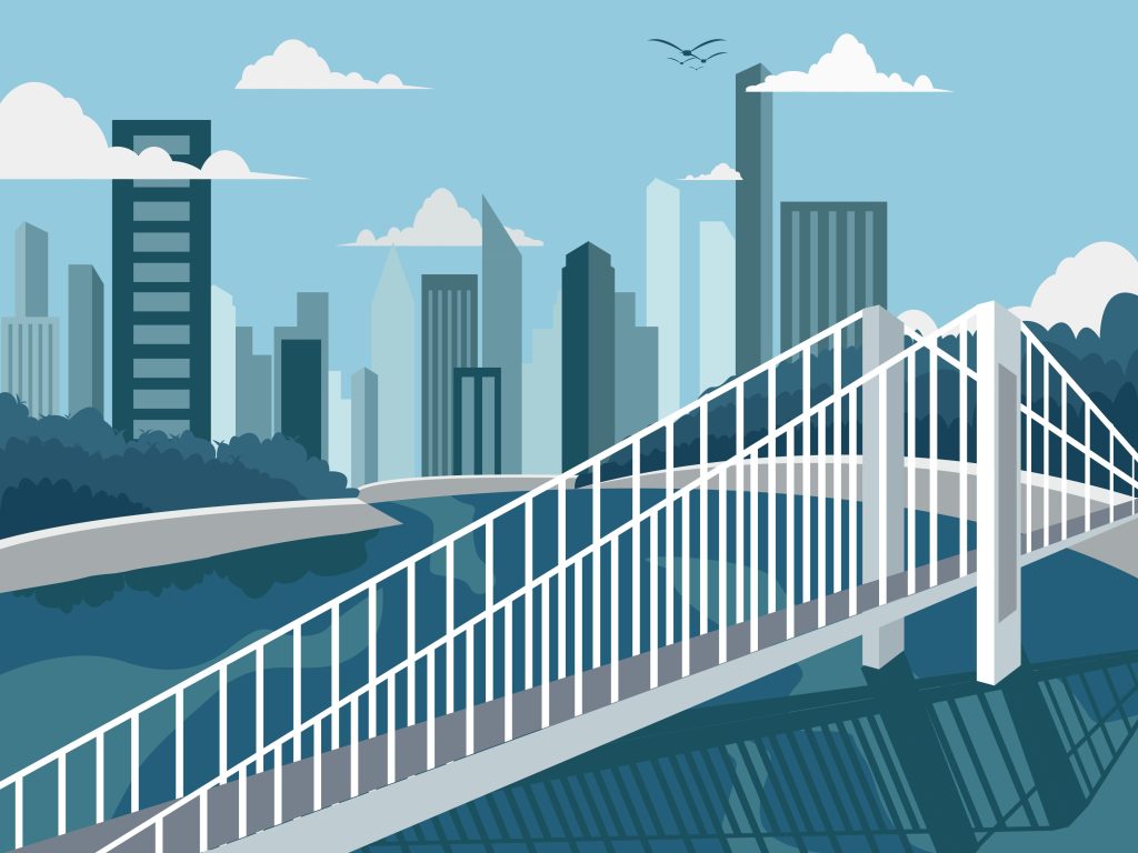 Minimalist illustration of a white suspension bridge leading toward a blue city skyline, symbolizing network infrastructure as a backbone for modern business.