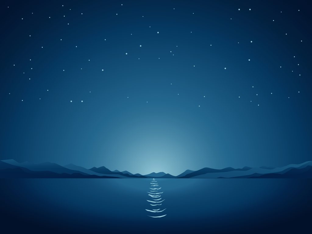 A serene, dark blue night landscape with a calm lake and distant mountains under a starry sky, representing hidden infrastructure drift.