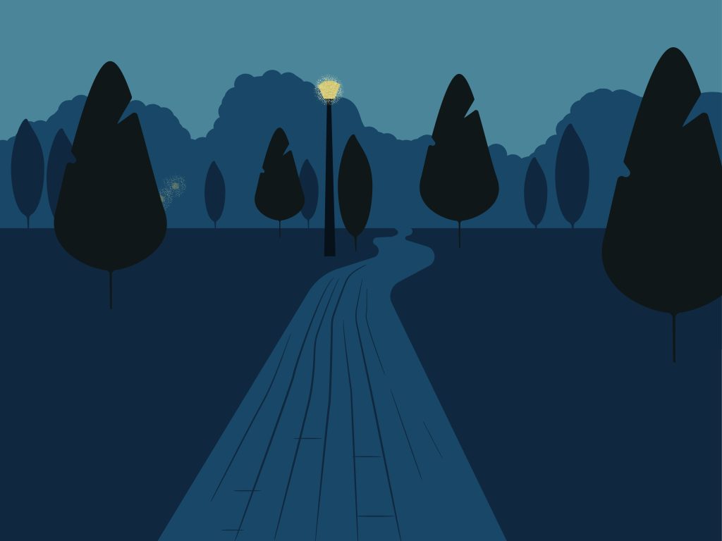 Stylized illustration of a winding path at night lit by a single street lamp, representing how JSON Schema guides unpredictable AI outputs.