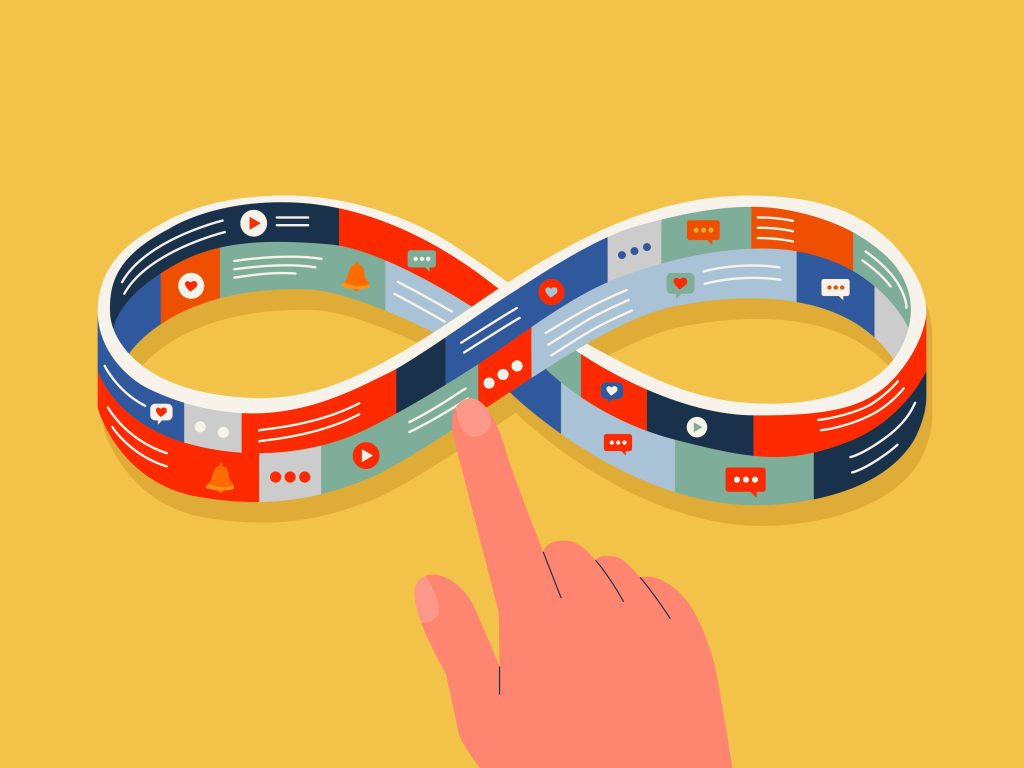 A hand reaches up to touch a Möbius-style infinity loop assembled from app interface tiles — video players, chat bubbles, notification bells and like icons — illustrating the continuous feedback cycle between orchestration, observability and remediation in closed-loop operations.