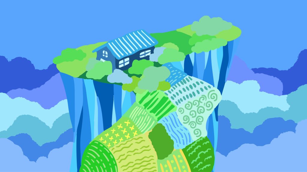 Artistic abstract illustration of a house perched on a cliff made of diverse patterns and textures, symbolizing operational maturity as the foundation for a secure software architecture.