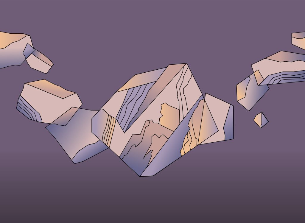 Abstract geometric illustration of floating rock formations in purple and orange gradients, representing the foundational components of Amazon Bedrock and AI infrastructure.
