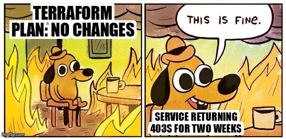 "This is fine" meme template relating to Terraform service returning 403s for two weeks
