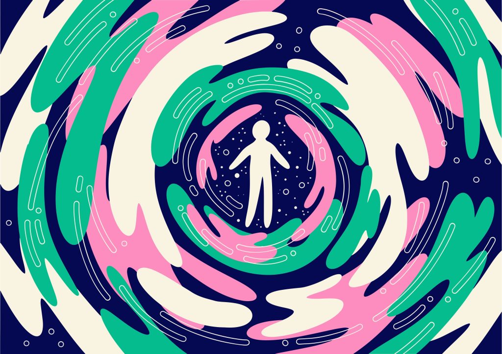 A solitary human figure stands at the center of a starry void, surrounded by swirling pink, green, and cream shapes — evoking the uncertainty Llama developers face as Meta pivots to its proprietary Muse Spark model.