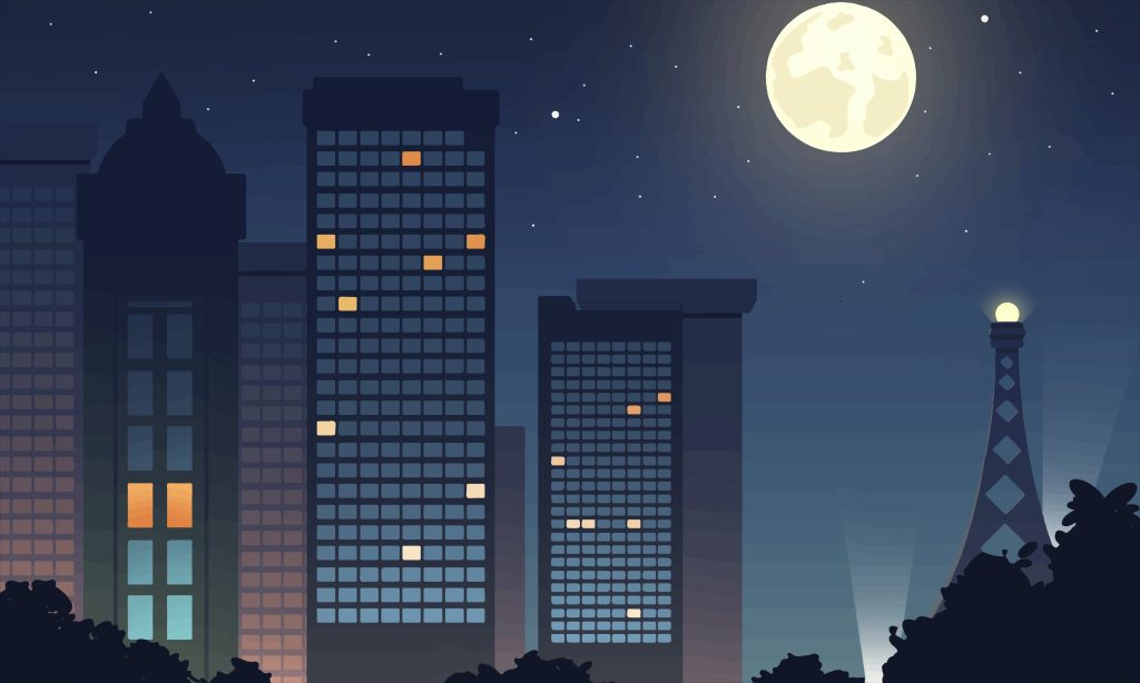 A modern flat-design illustration of city skyscrapers at night under a full moon, used as a metaphor for building production-grade AI platforms.