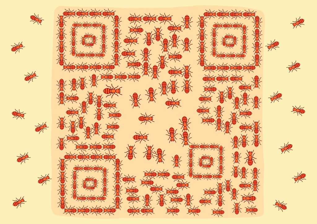 A QR code formed entirely from orange ants arranged in a grid pattern on a beige background, with stray ants crawling around the edges — a visual metaphor for bugs infesting code.