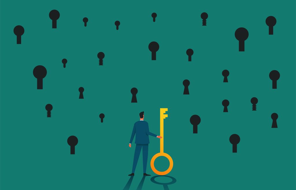 Illustration of a man holding a giant golden key facing a wall of keyholes, symbolizing unlocking hidden video data.