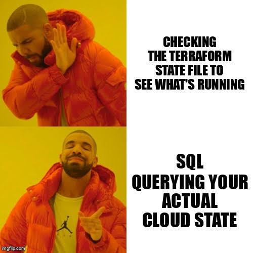Meme favoring SQL querying cloud state over manually checking the Terraform state file