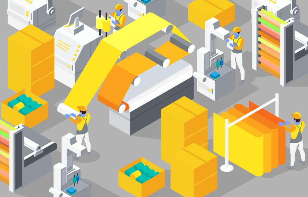 An isometric illustration of a modern factory assembly line with workers managing automated machinery and bright yellow materials, representing the standardized production line concept of the SUSE AI Factory.