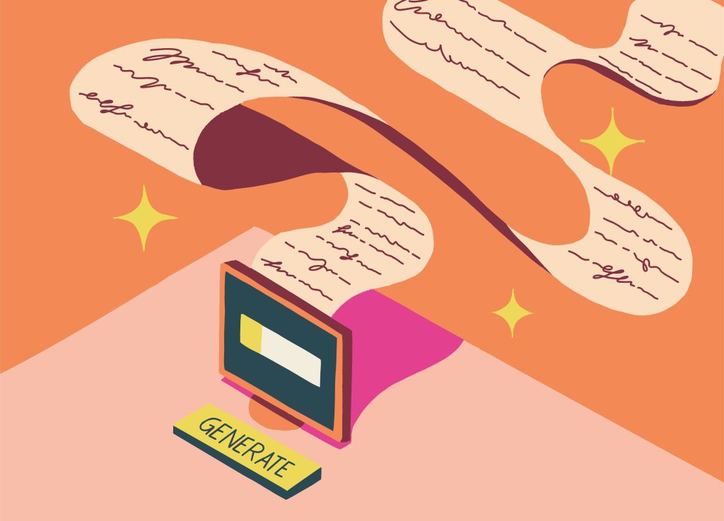 A stylized illustration of a computer monitor connected to a flowing stream of paper documents, with sheets appearing to move through the device as if being processed or generated, alongside a “generate” button, depicting the concepts of paper and compute costs