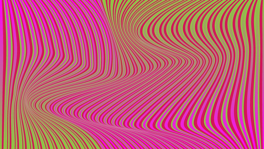 Abstract pattern of warped pink, magenta, and lime green stripes bending into a vortex-like curve.