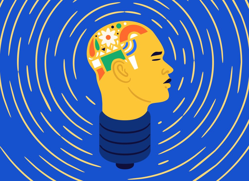 A stylized illustration of a human head in profile with an open brain filled with colorful abstract shapes, mounted on a database stack, surrounded by concentric ripple lines — visualizing the concept of AI memory consolidation and "dreaming."