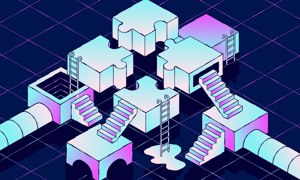 Isometric synthwave illustration of disconnected puzzle pieces, stairs, and ladders on a digital grid, serving as a visual metaphor for state failures and memory layer bottlenecks in multi-agent AI systems.