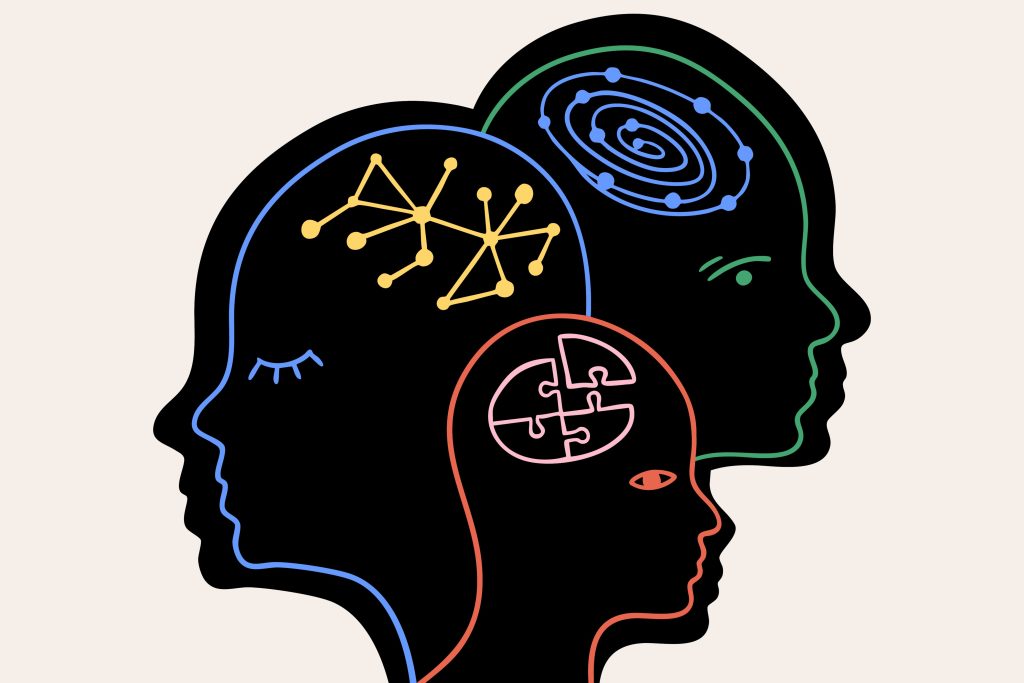 Three overlapping head silhouettes with network, spiral, and puzzle-piece patterns inside, representing interconnected systems thinking.