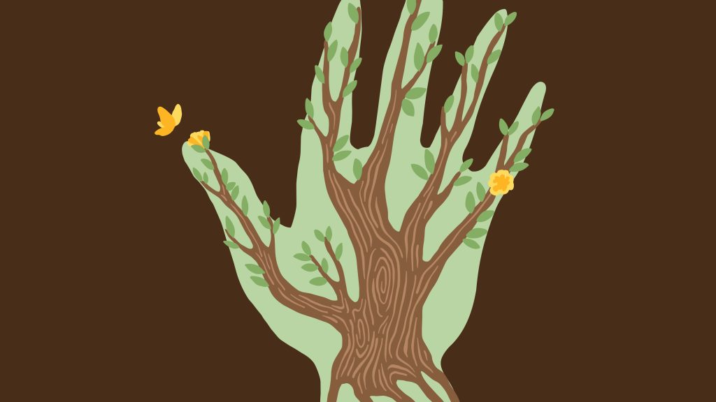 Conceptual illustration of a pale green hand with branches growing from the fingers like a tree, symbolizing organic growth in AI infrastructure and platform engineering.