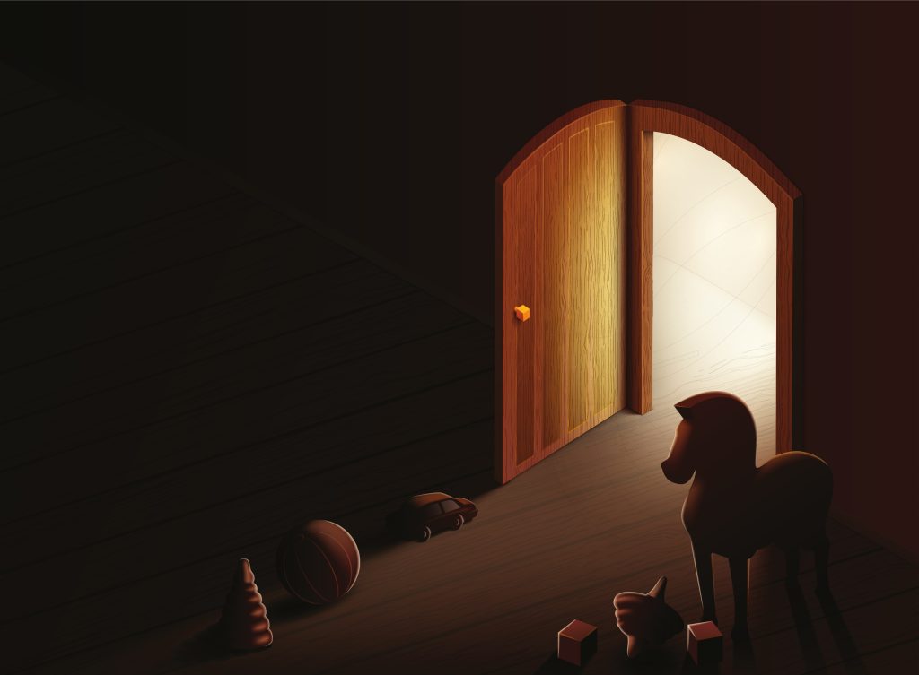 Artistic conceptual illustration of an open door leading from a dark room into a bright, glowing light, symbolizing the transition of legacy mainframe modernization into a future of enterprise AI and innovation.