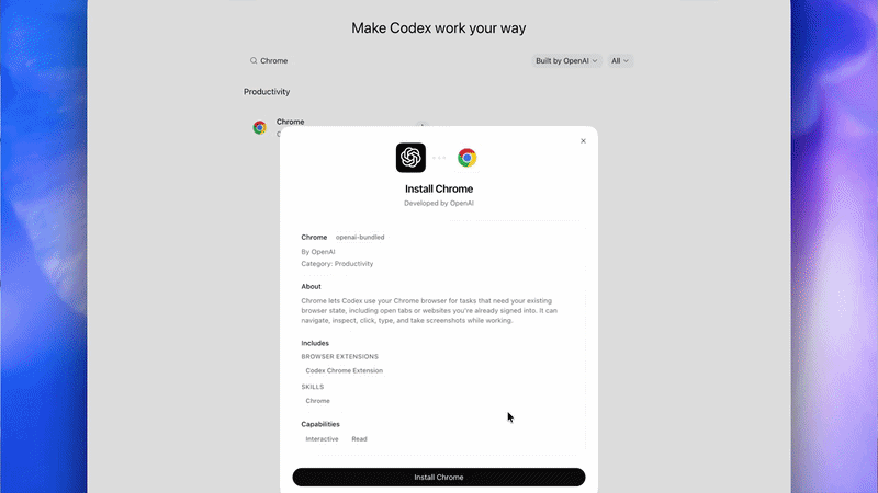 Installing the Chrome extension in Codex