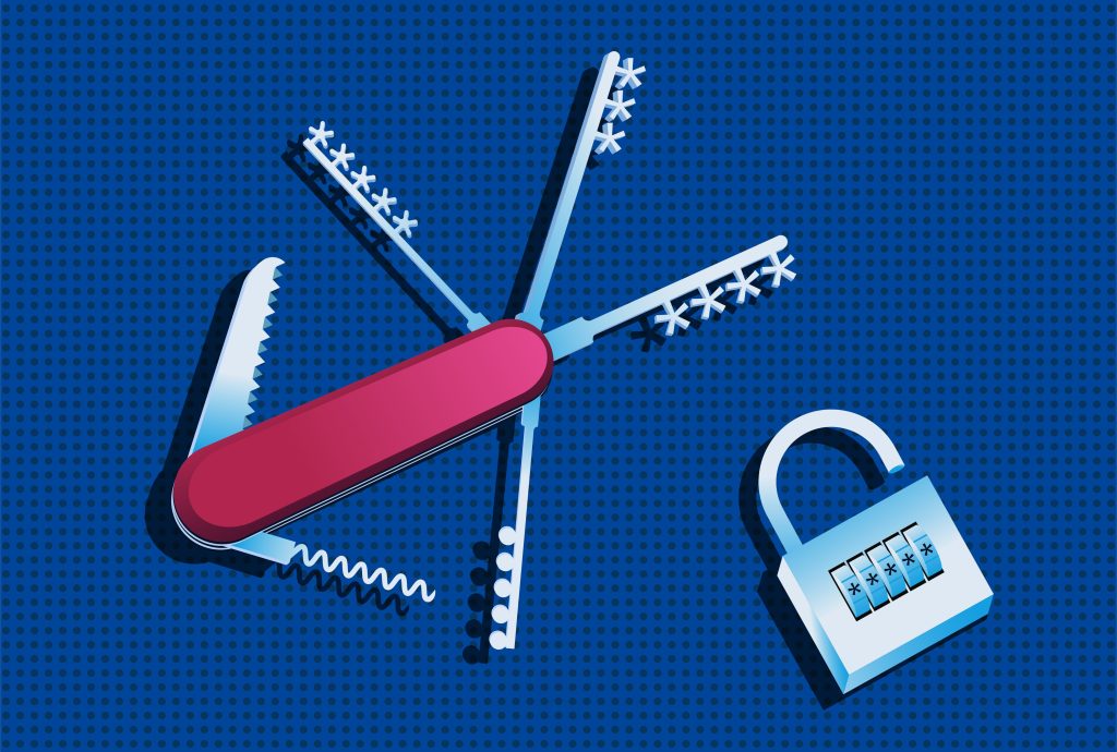 Illustration of a red Swiss Army knife with multiple skeleton keys fanned out as its tools, set against a blue halftone background, with an open combination padlock displaying asterisks beside it — symbolizing the multi-tool security and authentication layer an AI gateway provides between agents and the models they call.
