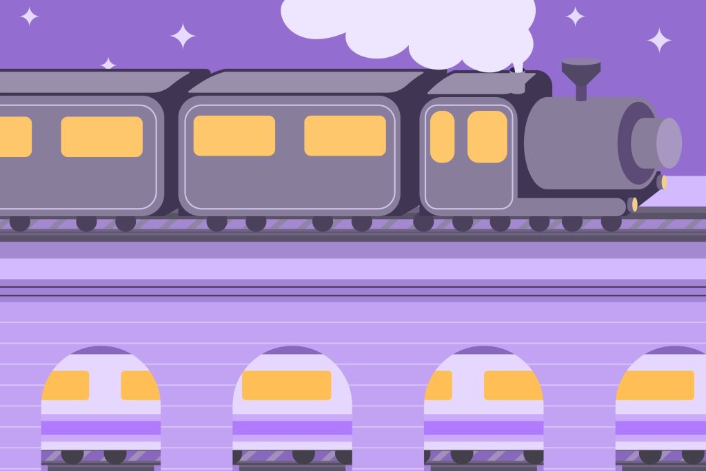 Illustration of a large steam train, rendered in purple and gold tones, depicting the concept of Jevons' paradox.