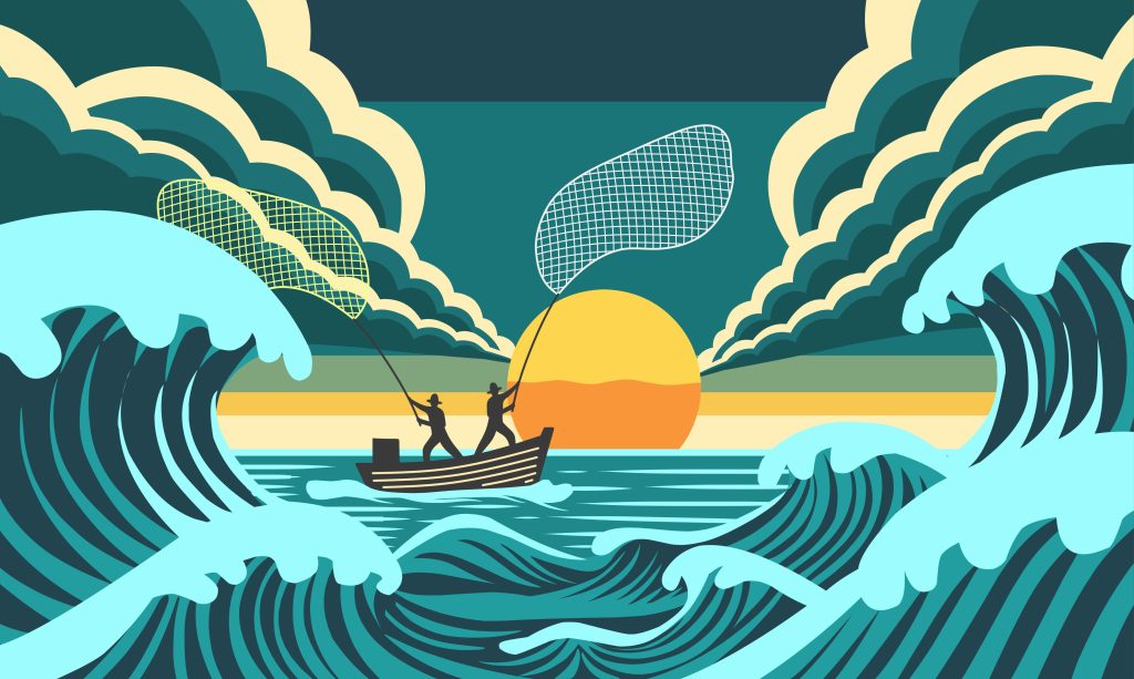 Artistic illustration of two figures in a small boat navigating massive waves with nets, symbolizing the struggle to manage and validate the overwhelming flood of AI-generated code.