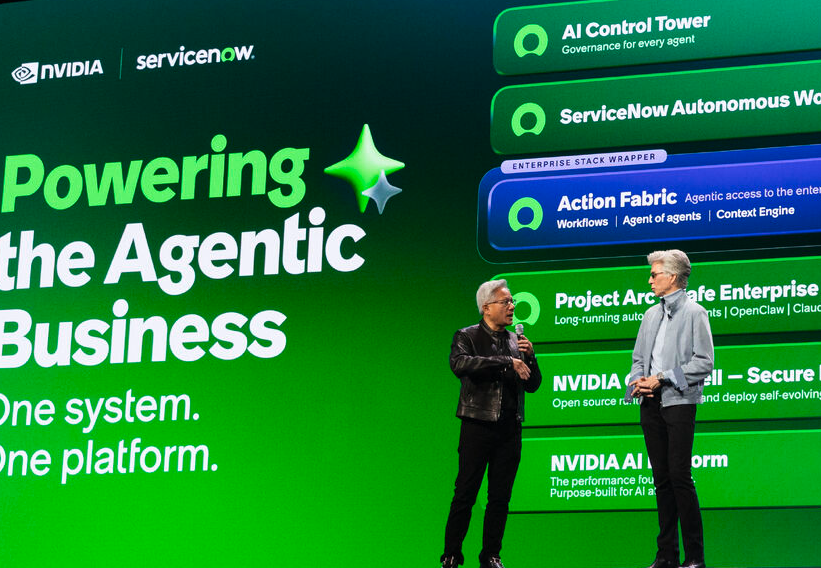From left to right, Nvidia CEO Jensen Huang and Servicenow CEO Bill McDermott, at the Servicenow Knowledge conference in May 2026 in Las Vegas.