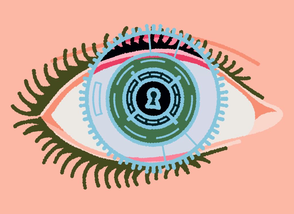 An illustrated eye with a keyhole at its center, surrounded by concentric digital rings — evoking surveillance, identity security, and the human element in cybersecurity.