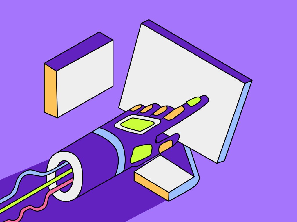 Abstract illustration of a robotic hand touching a computer screen with colorful cables attached, depicting computer use.