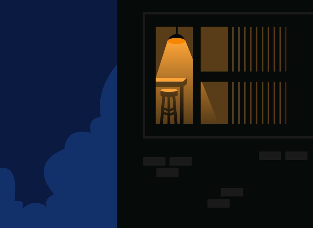 Minimalist artistic illustration of a solitary workspace at night, featuring a stool under a warm orange spotlight in a dark room, evoking a quiet late-night atmosphere.