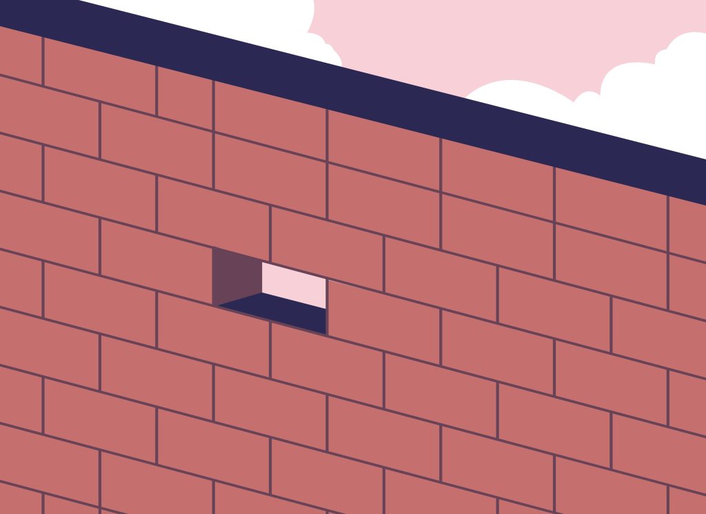 Artistic vector of a solid brick wall with a rectangular hole, serving as a metaphor for the "Achilles' heel" of cloud-native infrastructure and container escape risks.