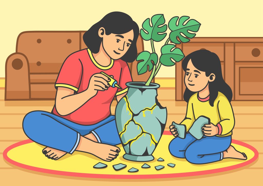 Illustration of a woman and child repairing a broken blue vase with gold glue, representing the kintsugi metaphor for rebuilding brittle systems.