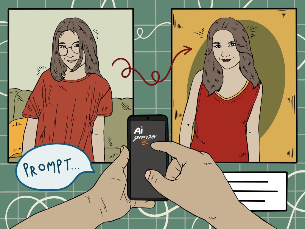 Illustration of two side-by-side portraits of the same woman with long brown hair — on the left, a casual version in a red T-shirt and glasses; on the right, an AI-generated version in a sleeveless red top without glasses — with hands holding a smartphone labeled "AI generator" between them and a speech bubble reading "Prompt…"