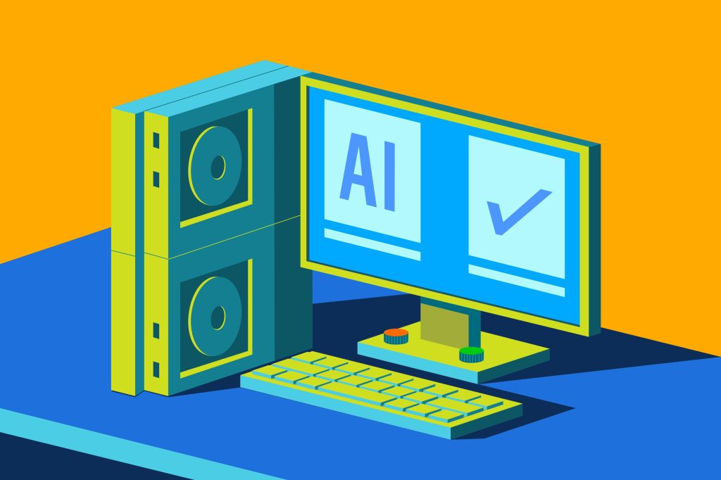 Illustration of a desktop computer displaying AI-generated output with a checkmark, depicting accurate AI responses.