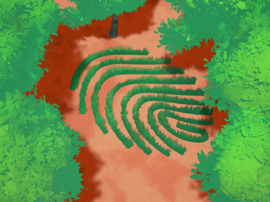 Artistic top-down illustration of a green garden maze shaped like a fingerprint, representing the complex orchestration and governance challenges of building internal agentic AI platforms in regulated industries.