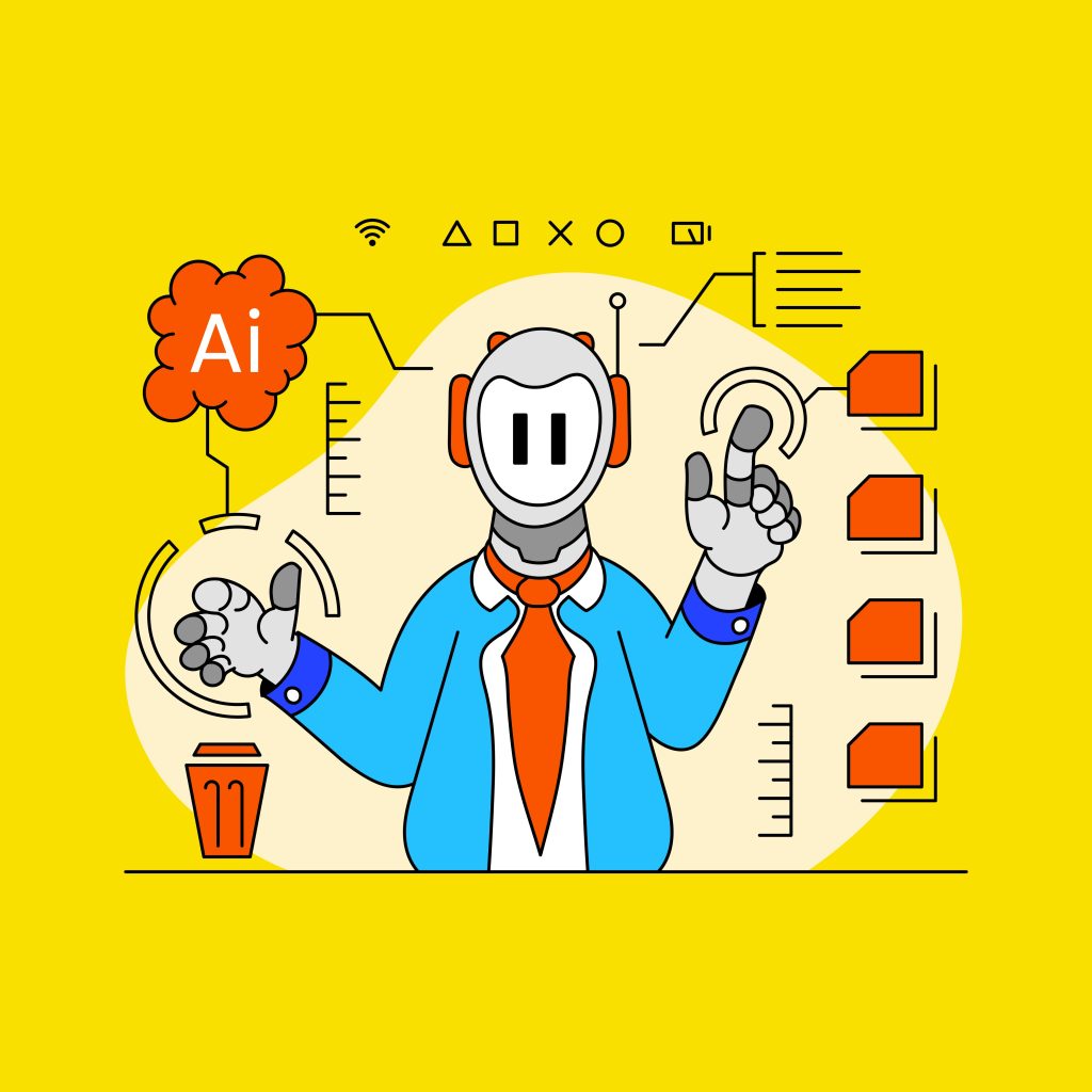 Illustration of a robot in a business suit surrounded by AI and cloud computing icons, representing enterprise AI agent deployment and automation.