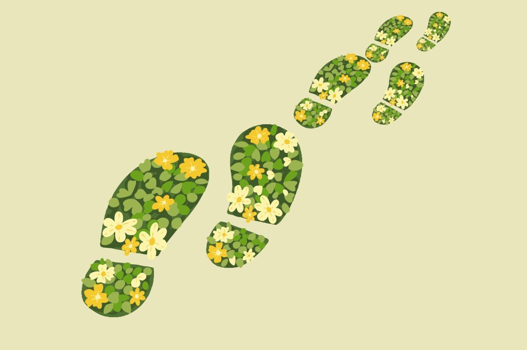 Artistic illustration of footprints filled with blooming flowers and green leaves, symbolizing the organic growth of AI agent memory and the traces of past user interactions.