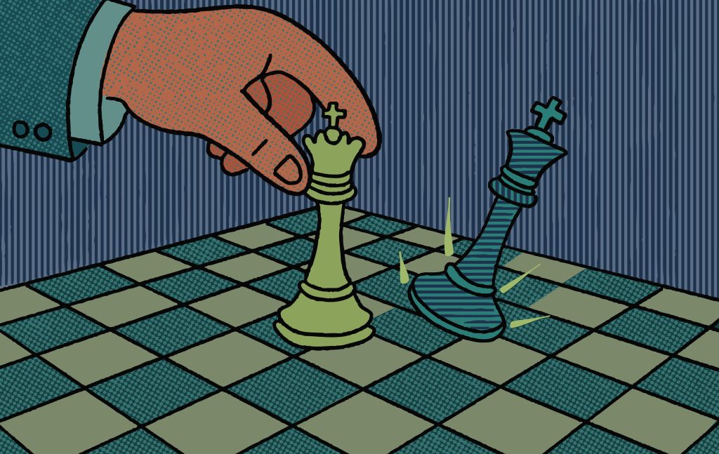 Pop-art style illustration of a hand moving a chess piece to topple an opponent, symbolizing strategic maneuvers in an agentic AI spy game and enterprise cybersecurity tactics.
