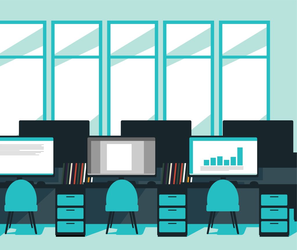 A line of PCs with different software programs on each screen, depicting Microsoft Office suite.