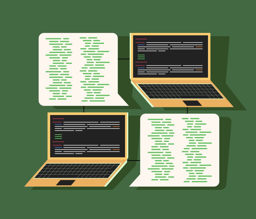 Illustration of interconnected laptops and text panels linked together in a grid-like network, representing distributed coding agents and developer tooling