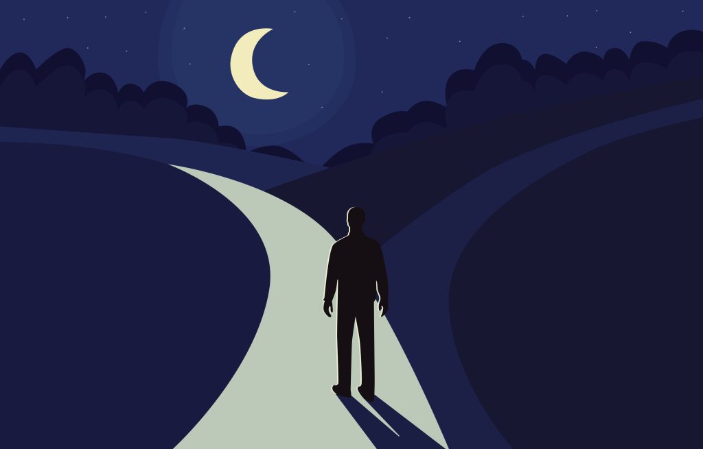 Artistic vector illustration of a silhouette standing at a crossroads under a crescent moon, representing choices in software engineering planning and prioritization.