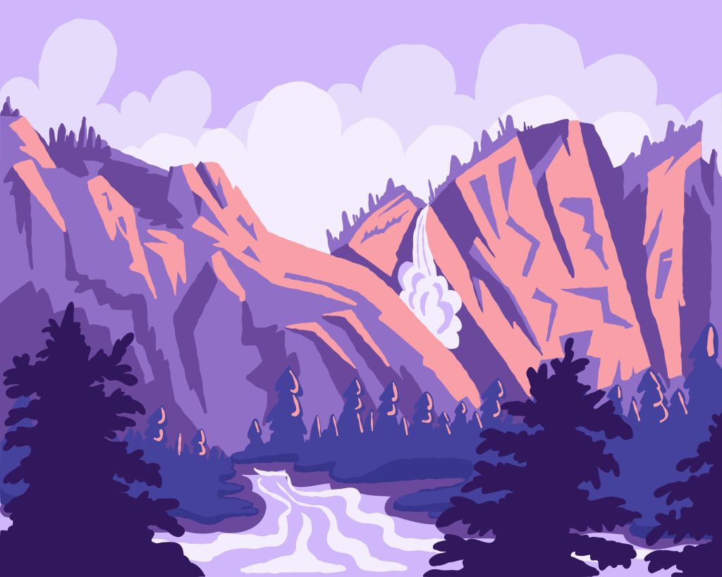 Artistic purple and peach landscape illustration of a waterfall flowing from jagged mountains into a winding river, representing data flow and architectural stability in software engineering.
