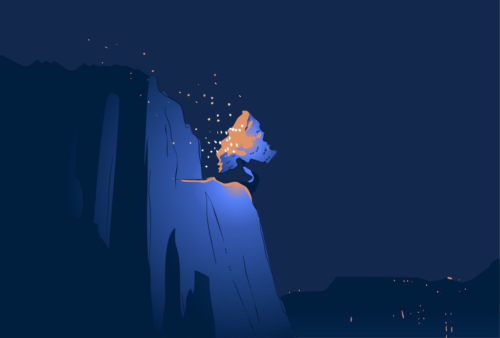 Stylized illustration of a warm light burst on a cold blue mountain, representing acceleration and infrastructure efficiency.