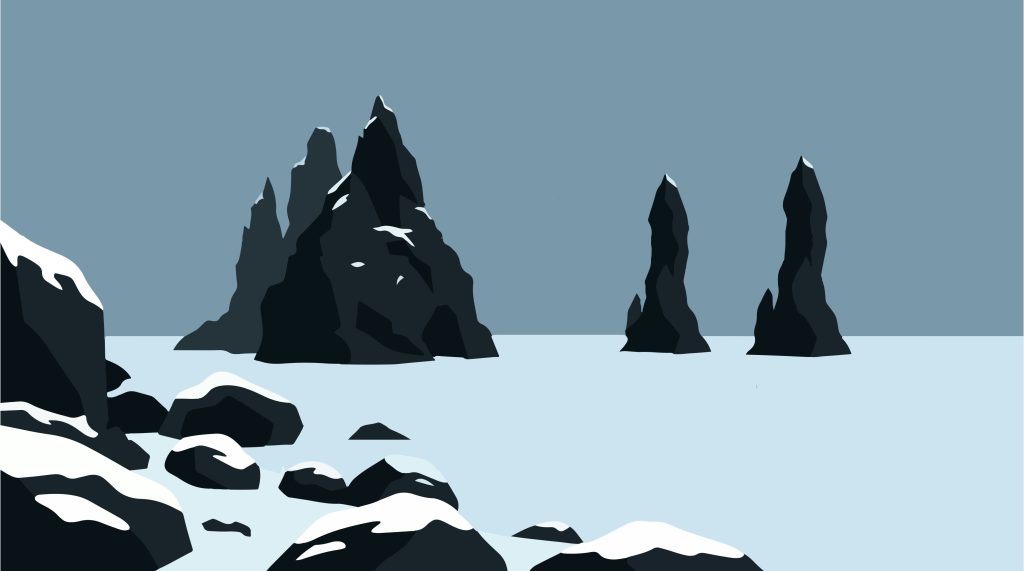 A minimalist illustration of jagged dark sea stacks rising from a calm, icy blue ocean, serving as a metaphor for the massive data scale and the structural limits (or "walls") of database infrastructure.