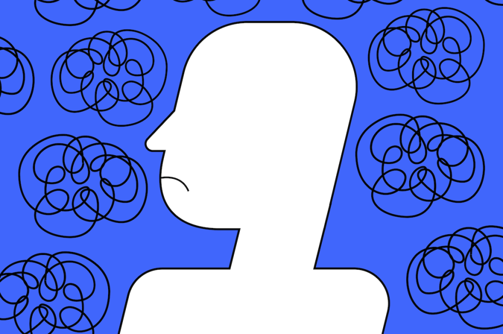 Illustration of a featureless white human profile centered on a vivid blue background, framed by six black squiggle drawings that resemble chaotic, tangled brains, suggesting confusion or scattered thoughts.